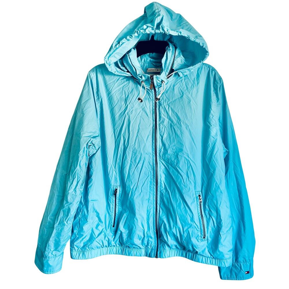 Tommy Hilfiger Rain Coat Turquoise XL Cottage Hooded Packable Lightweight